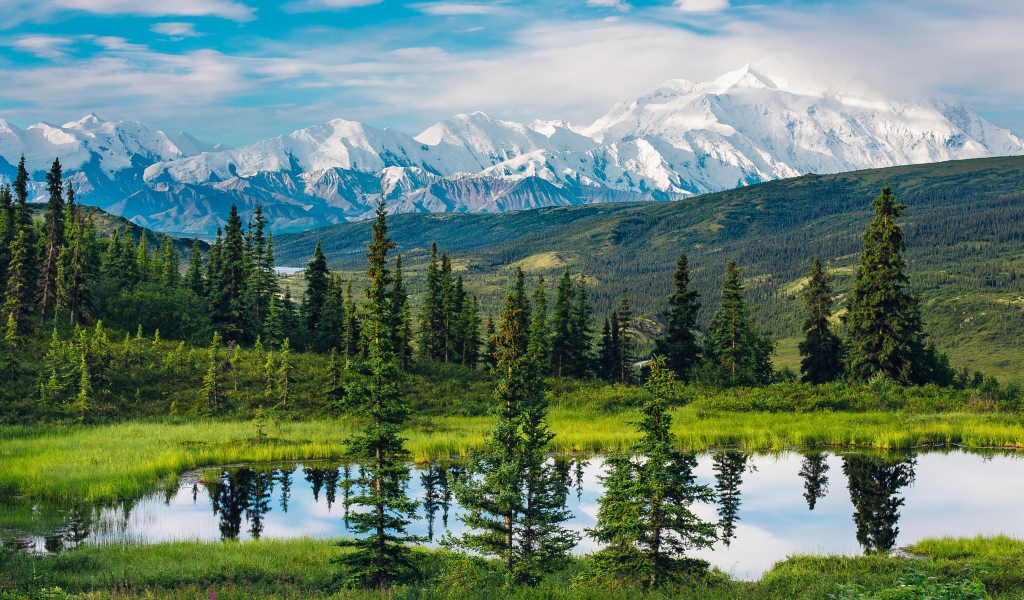 Красивый вид на горы, лес и озеро, Аляска