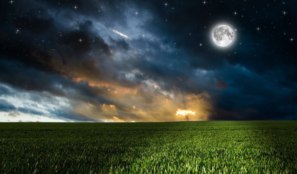 Зеленое поле под красивым небом с яркой луной ночью