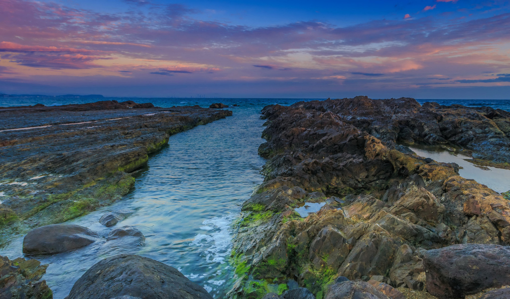 Покрытые мхом камни в морском заливе