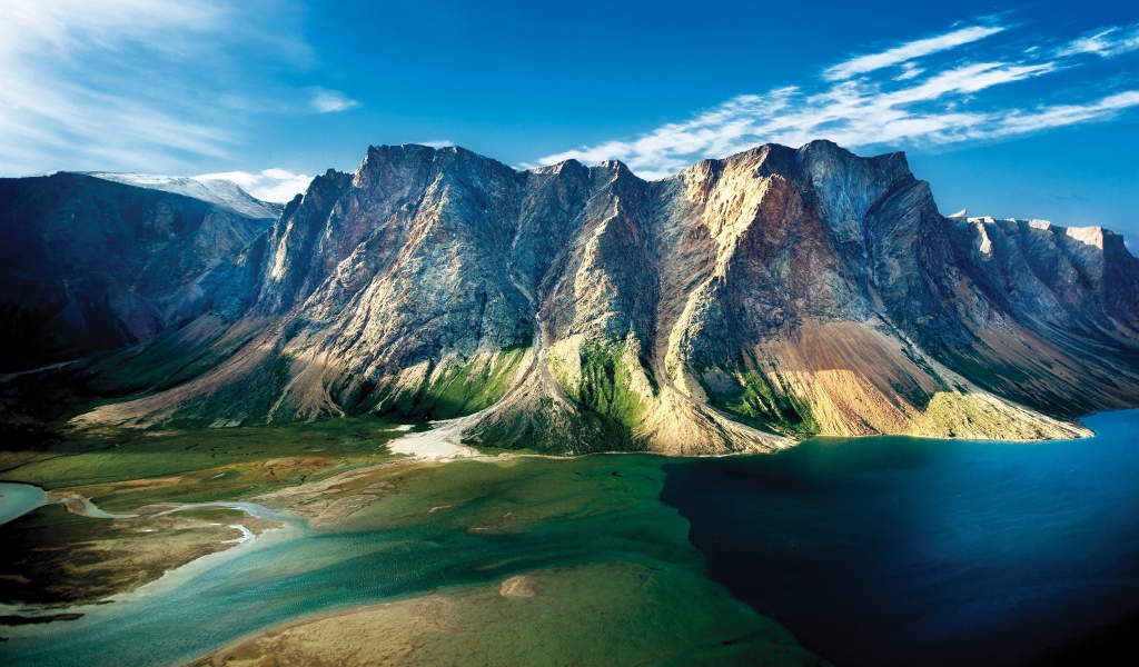 Горы с озером под голубым небом