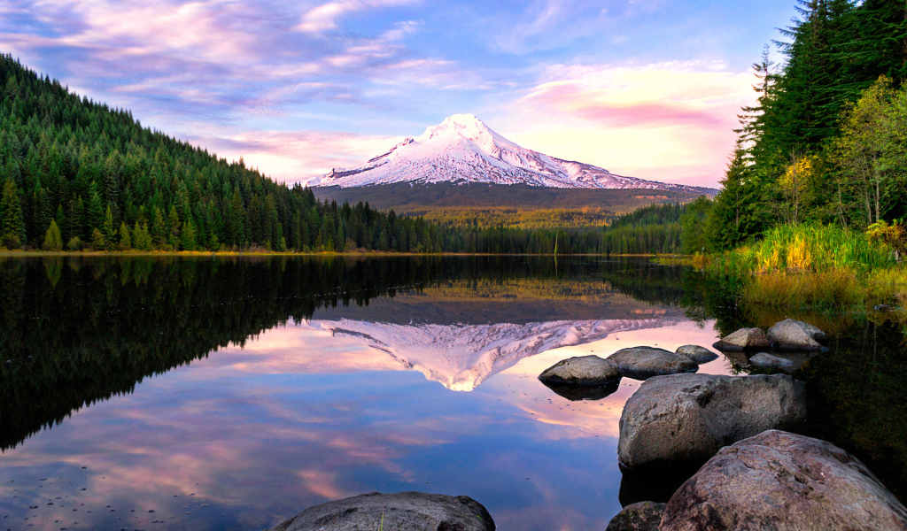 Заснеженная гора отражается в воде озера у зеленого леса