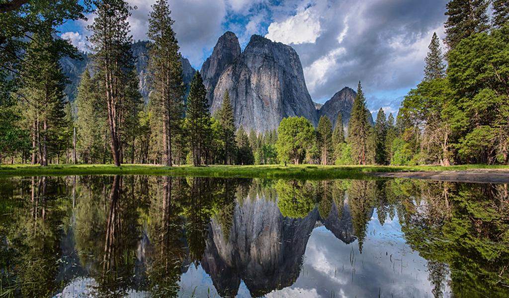 Каменные скалы и лес отражаются в воде 