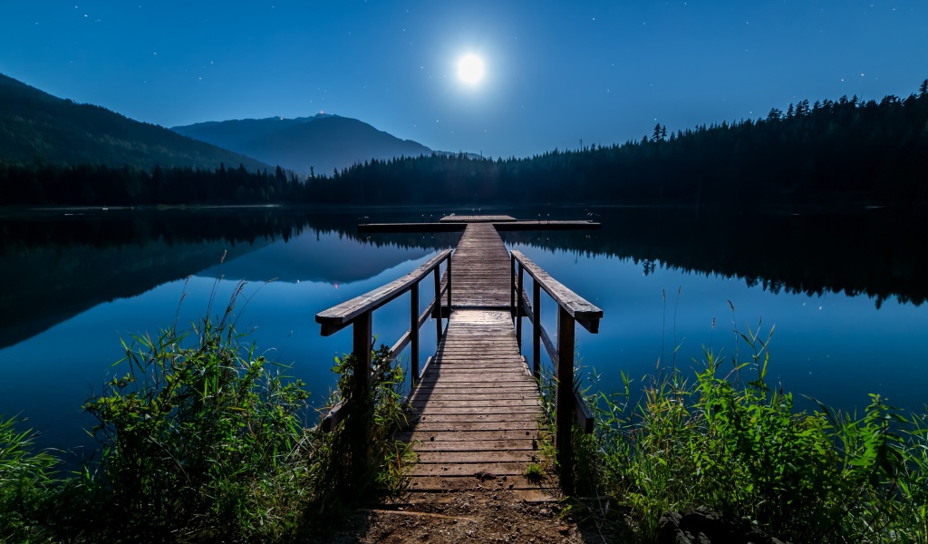 Деревянный мост на озере в полнолуние
