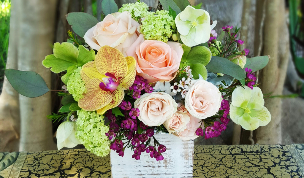 A beautiful bouquet on the table in a vase