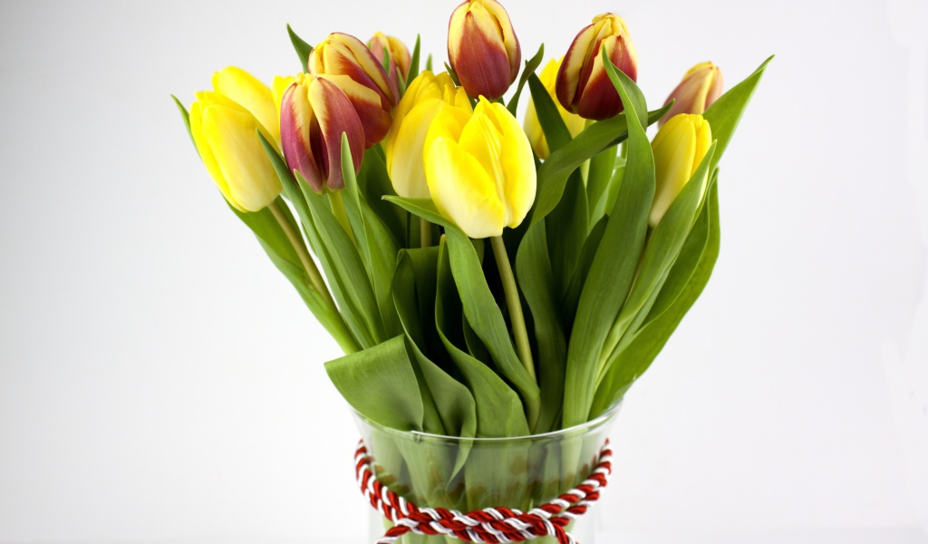Букет желтых и красно-желтых тюльпанов на сером фоне