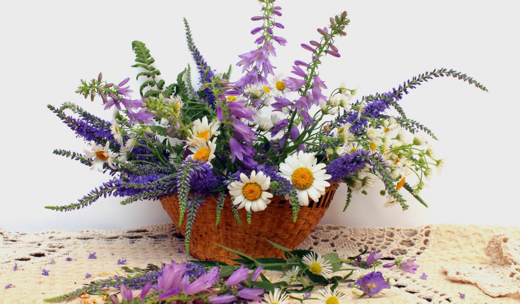 Корзина красивых полевых цветов на сером фоне