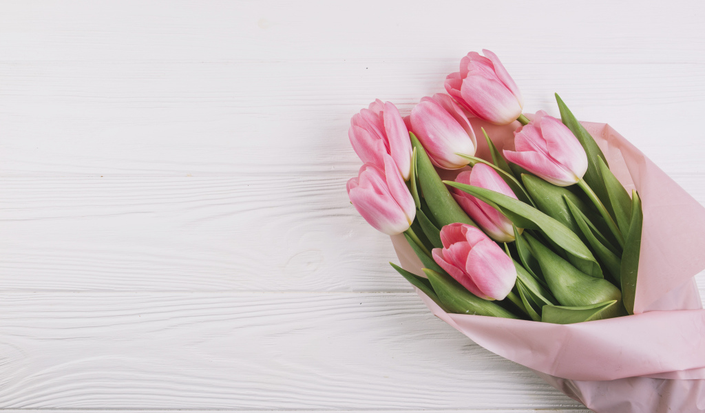 Bouquet of pink tulips, template for greeting card