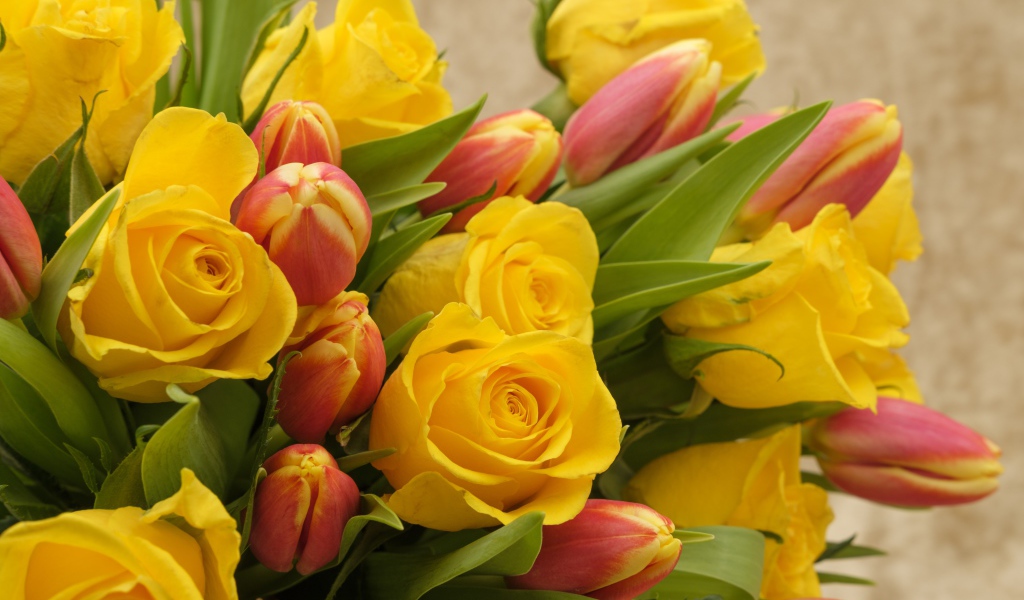 Букет желтых  роз с тюльпанами