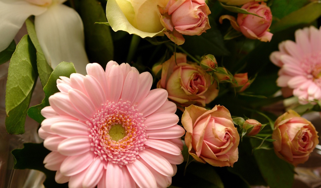 Букет с розовыми герберами и розовыми розами