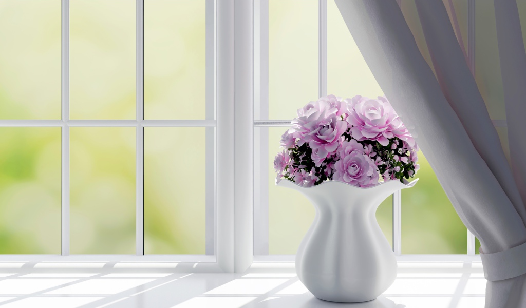 Бумажные розы в большой белой вазе стоят на окне