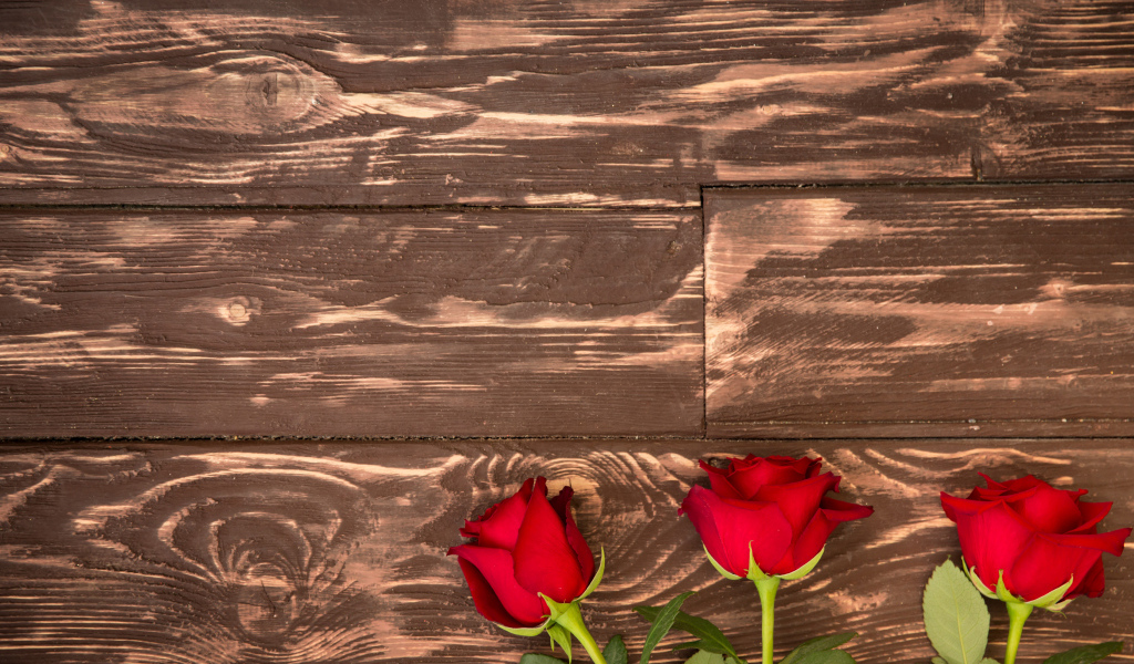 Три красные розы на деревянном фоне