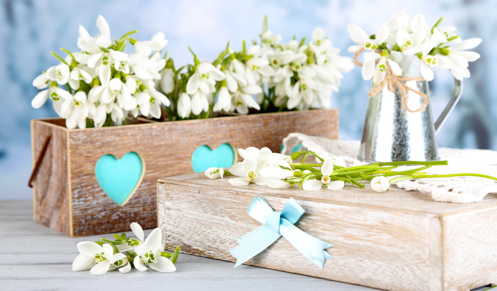 Красивые нежные белые подснежники в деревянном ящике