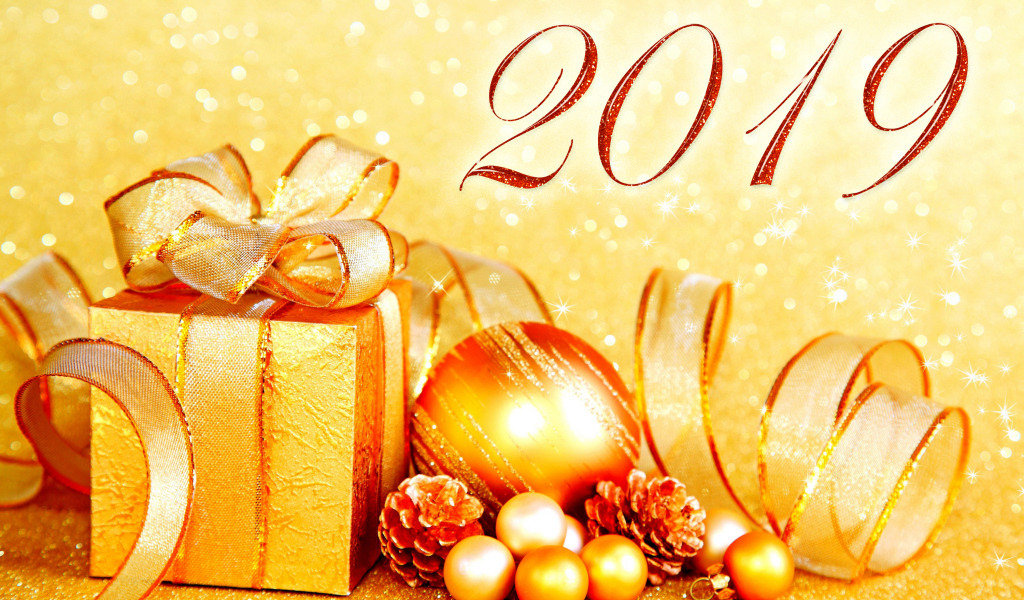 Красивый золотой подарок и игрушки на Новый год и Рождество 2019 