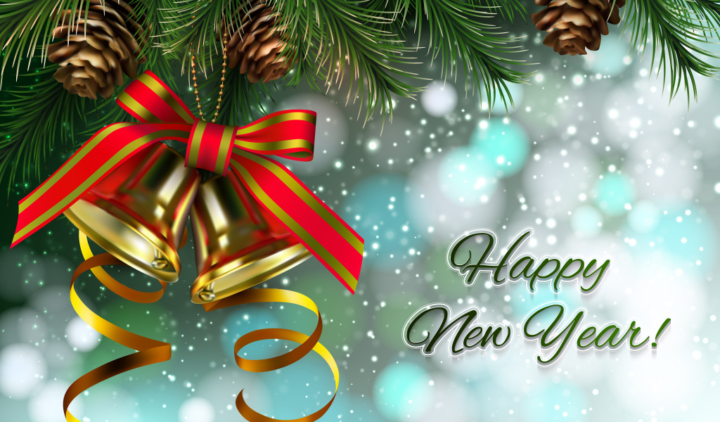 Веселые колокольчики на еловой ветки с надпись на Новый год 