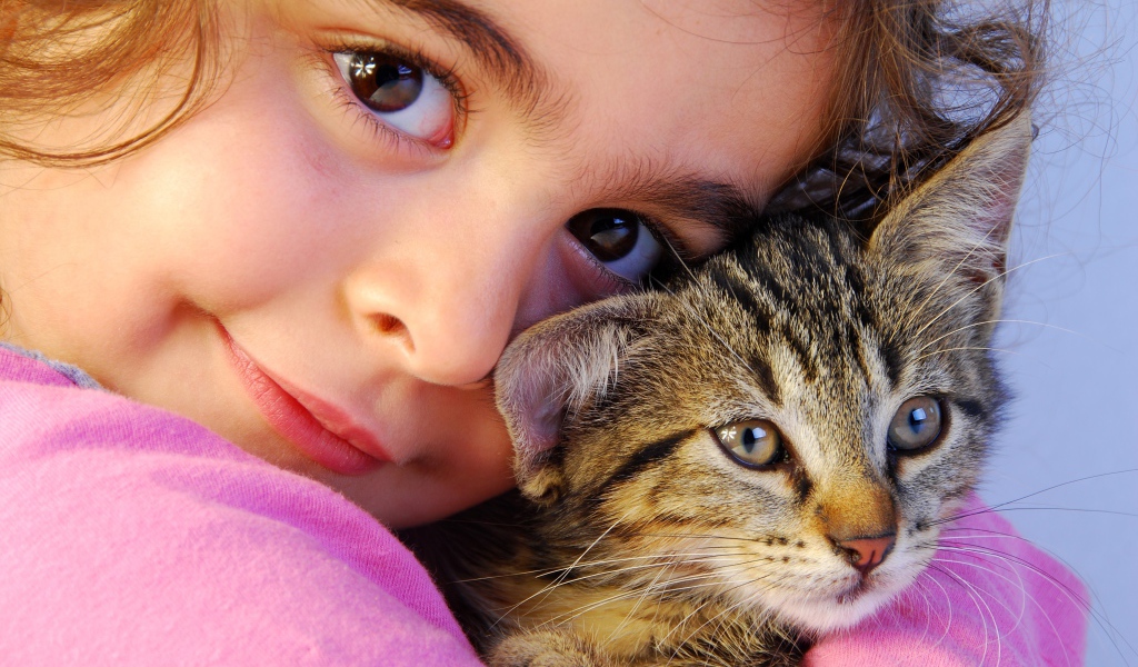 Маленькая кареглазая девочка с серым котом