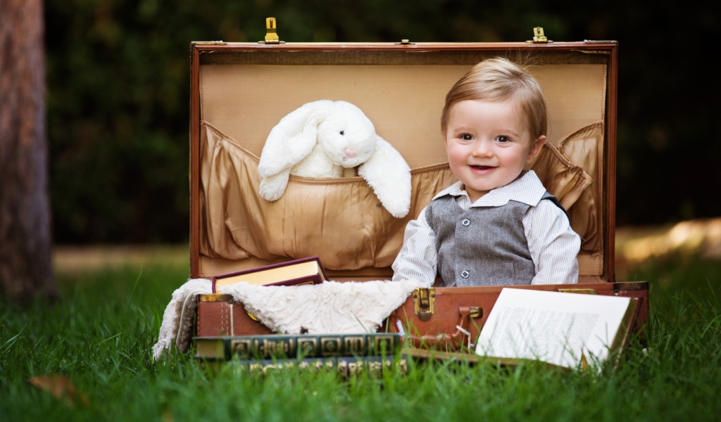 Улыбающийся мальчик сидит в чемодане с книгами