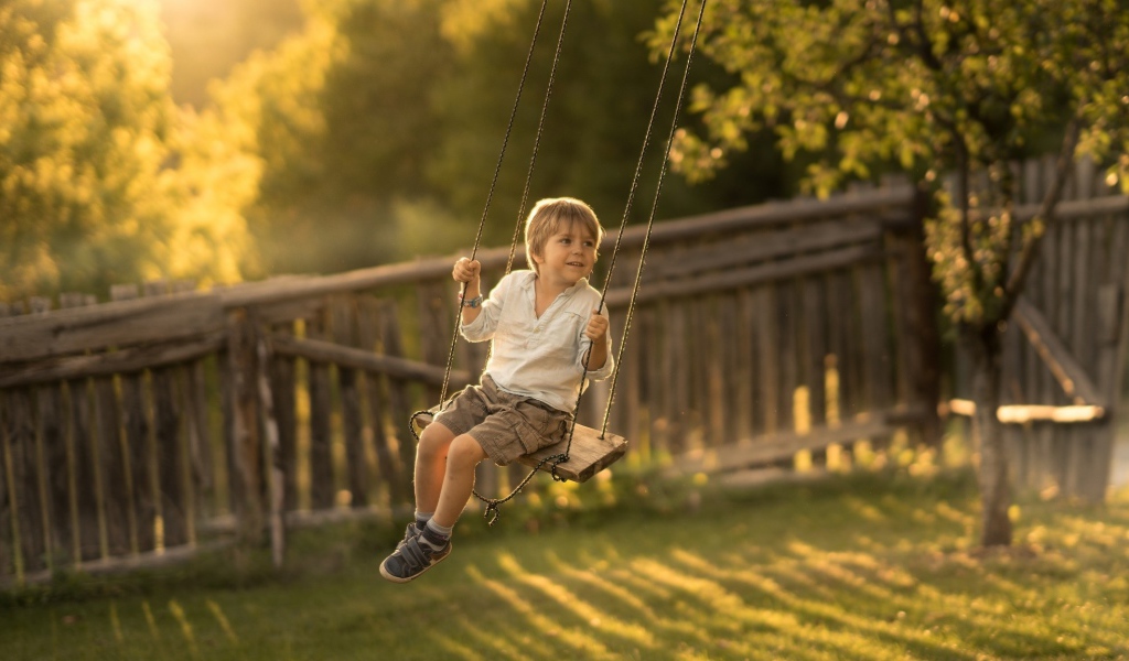 Маленький мальчик катается на качели летом