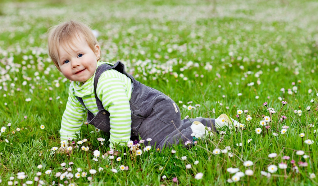 Маленький веселый мальчик на поляне с белыми цветами