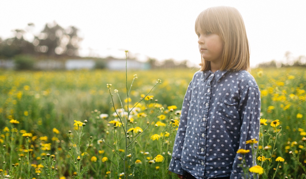 Маленькая девочка на поле с желтыми полевыми цветами
