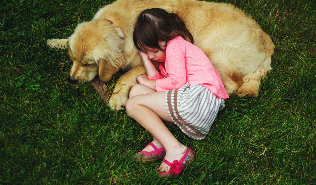 Маленькая девочка спит на зеленой траве с собакой