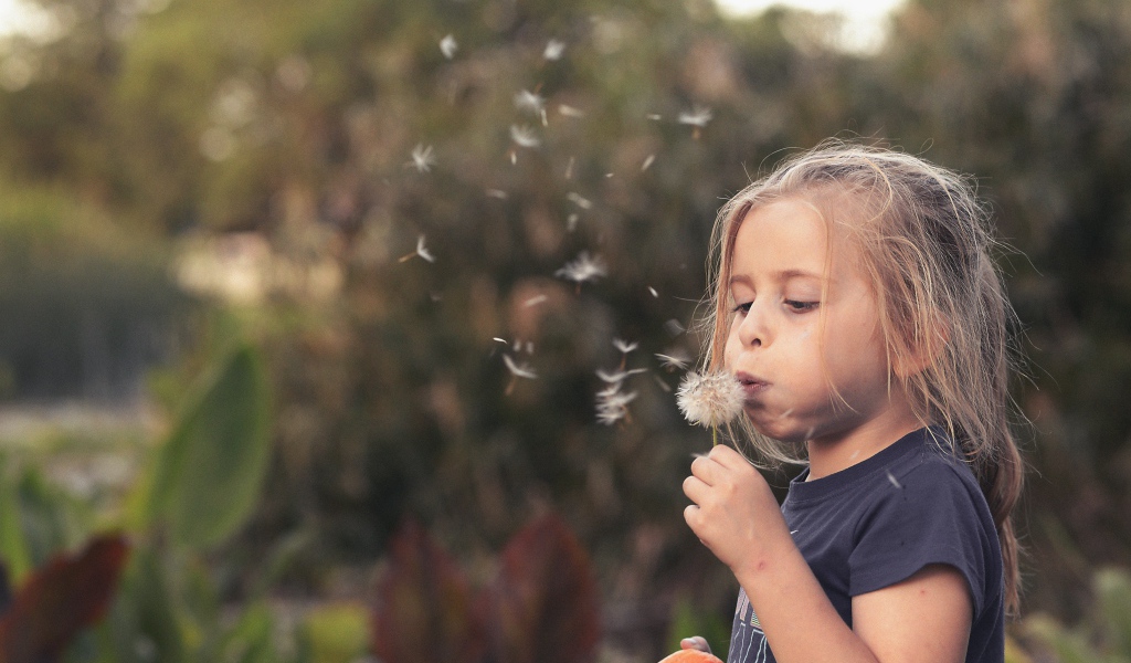 Маленькая девочка с одуванчиком в руках 