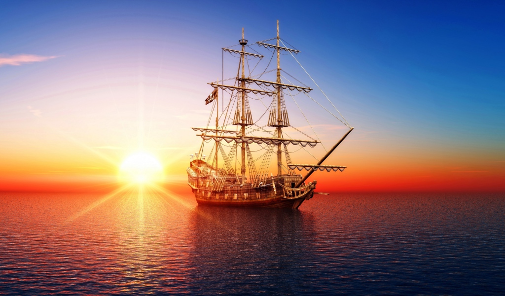 Большой пиратский корабль в море на закате солнца