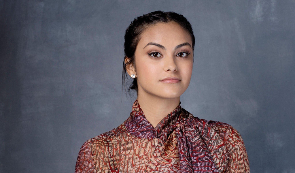 Красивая девушка, актриса Камила Мендес на сером фоне