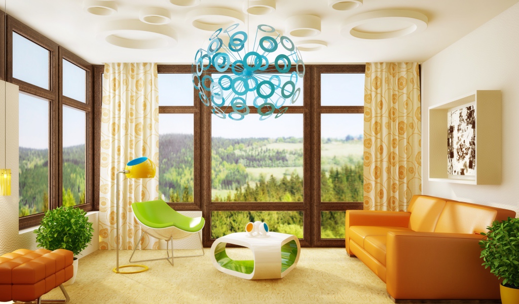 Уютная детская комната с большими окнами 