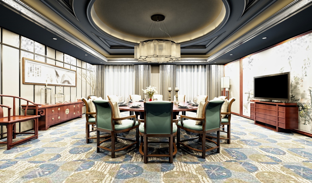 Большая гостиная комната со столом и большой люстрой