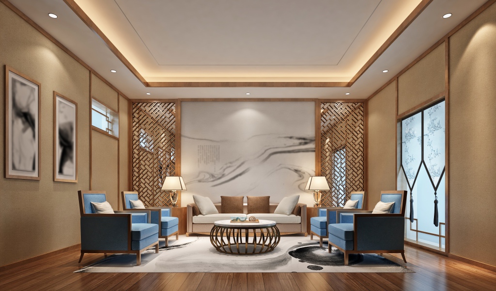 Большая стильная гостиная с креслами и диваном