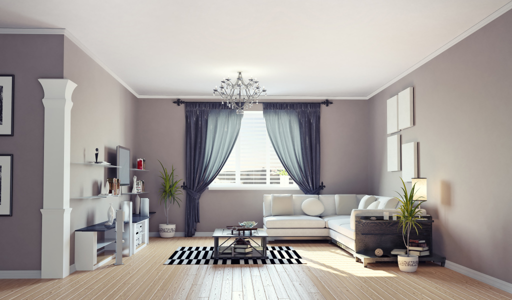 Гостиная комната в серых тонах с диваном