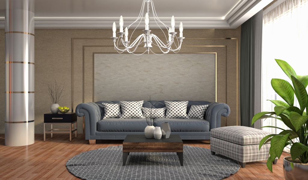 Гостинная комната с большим серым диваном
