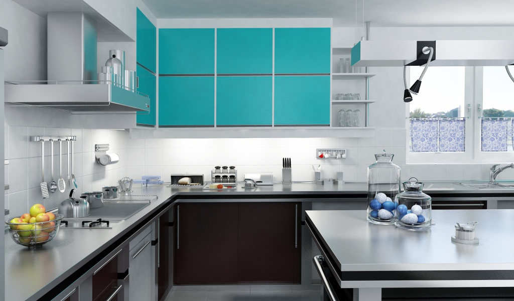 Стильная кухня сером и голубом цвете