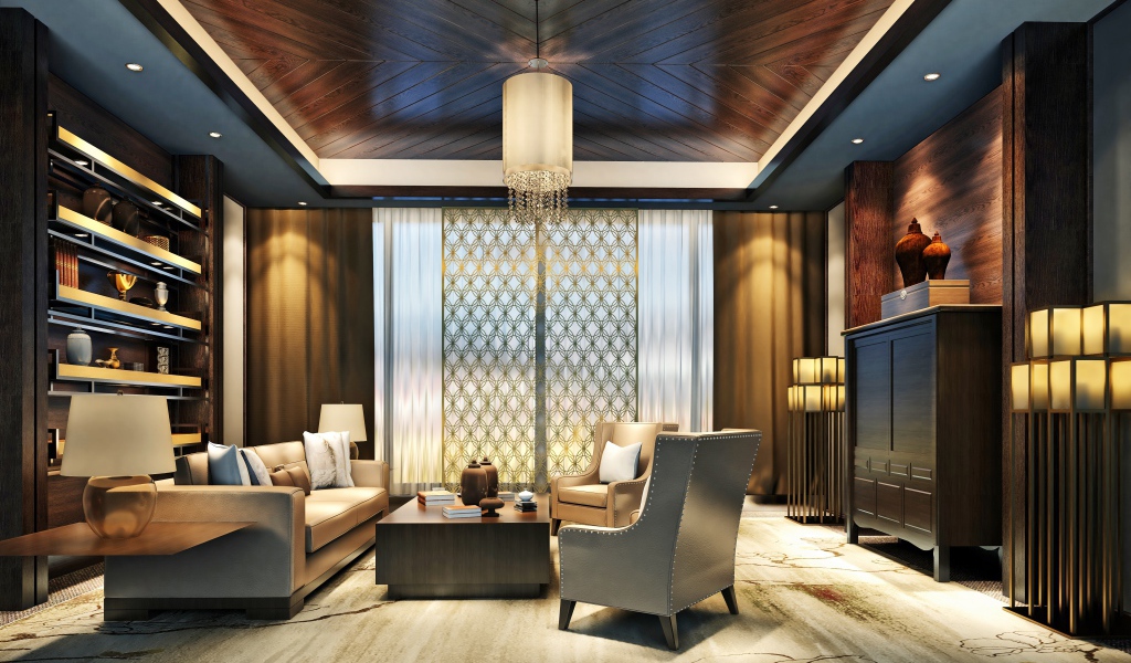 Стильная гостиная с деревянной отделкой