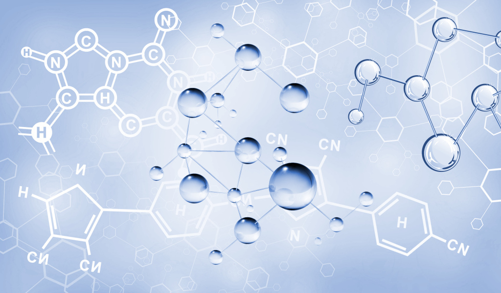Химические соединения на голубом фоне, 3д графика