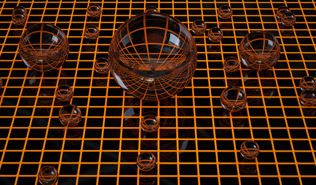 Glass spheres on a grid 3D graphics