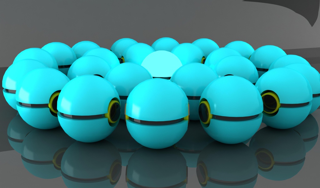 Много голубых шаров отражаются в сером поверхности 