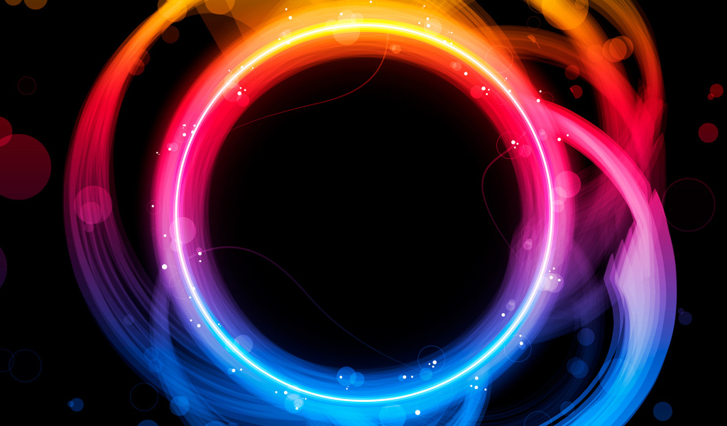 Разноцветные неоновые круги с бликами на черном фоне