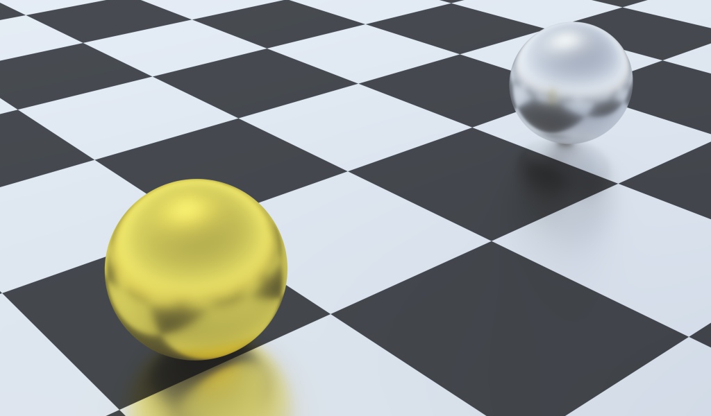 Серебряный и золотой шар на шахматной доске 3д графика