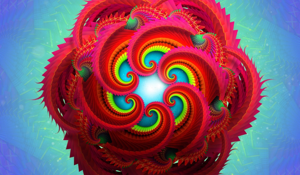 Необычный фрактальный красный цветок на голубом фоне