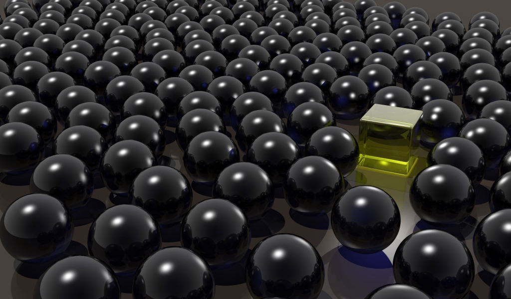 Желтый куб среди черных шаров 3д графика