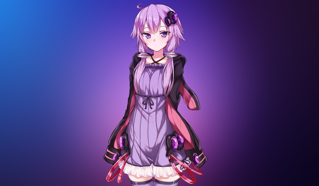 Девушка аниме Юзуки Юкари на фиолетовом фоне