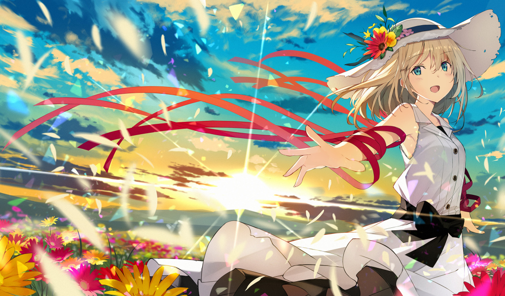 Девушка аниме в шляпе гуляет по полю с цветами