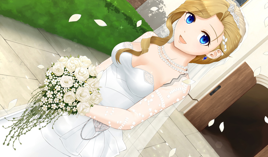 Anime girl in a white wedding dress with a bouquet