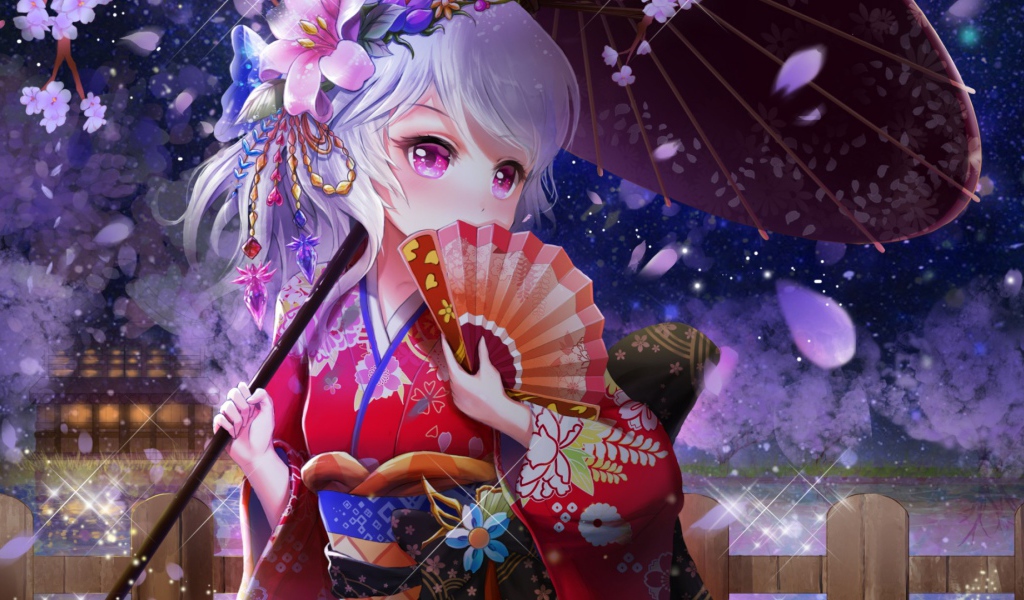 Девушка аниме с веером и зонтом в руке