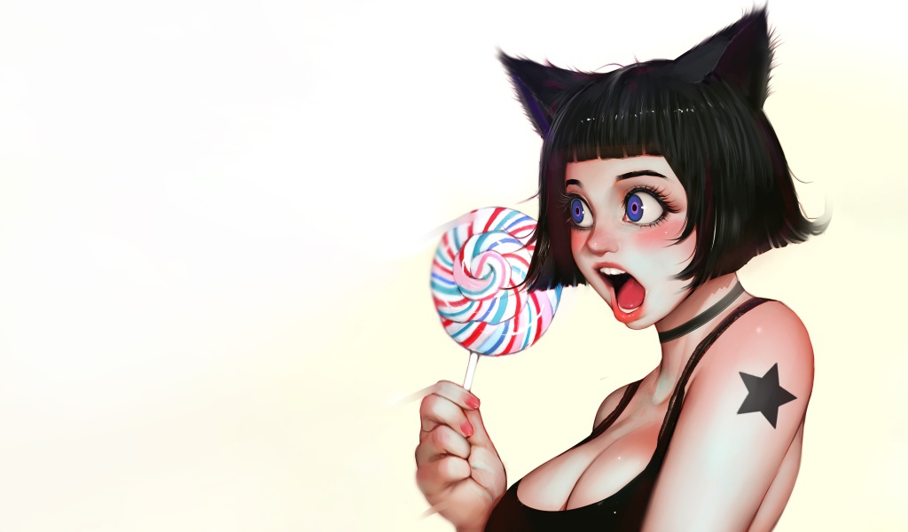 Девушка аниме с леденцом в руке на белом фоне 