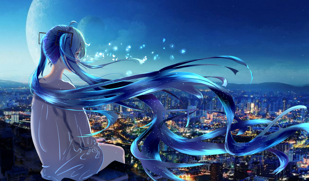 Anime girl with long blue hair sitting on the roof