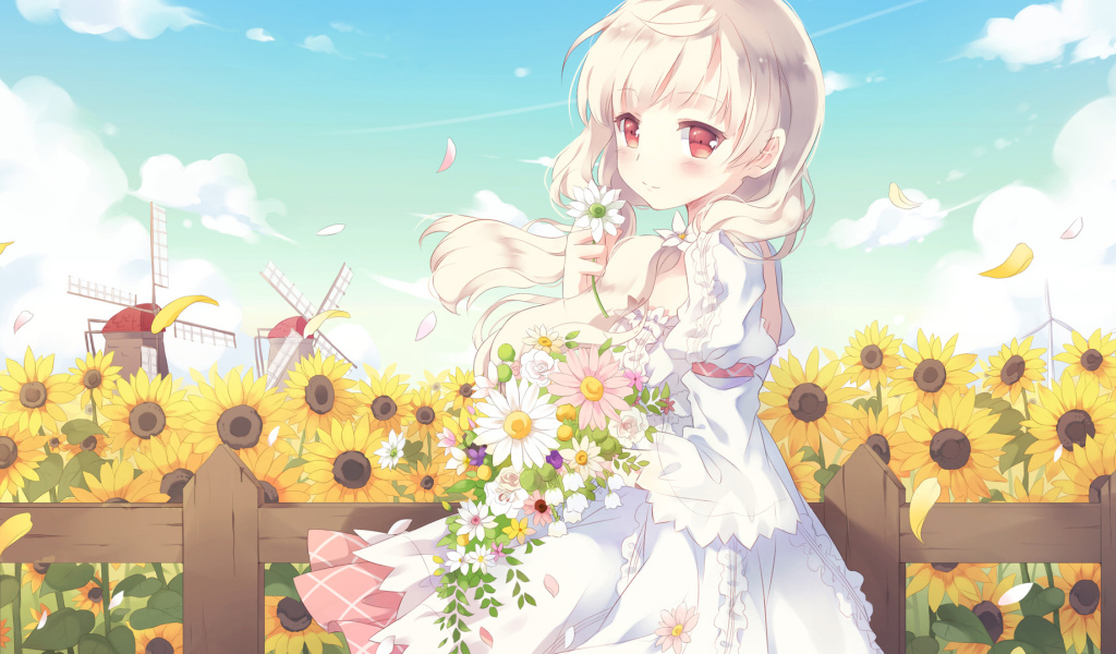 Beautiful anime girl with a bouquet of flowers in her hands