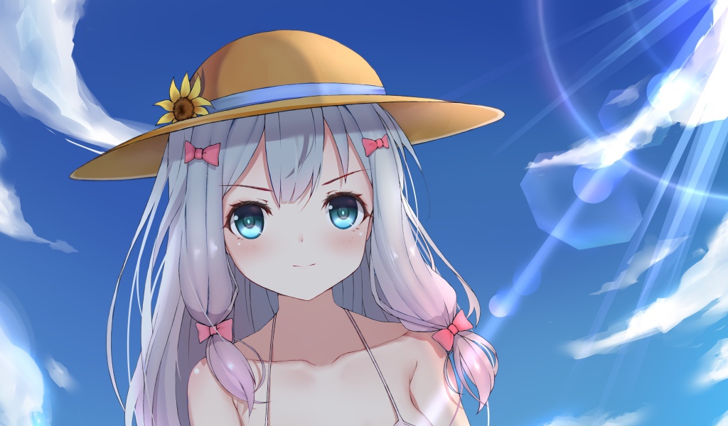 Девушка аниме  Эроманга-Сэнсэй в шляпке на фоне неба