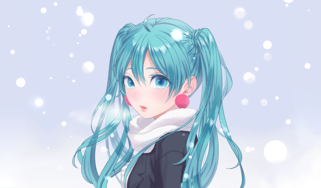 Девушка аниме Мику Хацунэ с голубыми волосами зимой